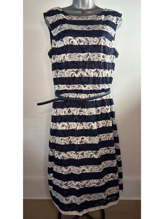 Alex Marie Dresses & Skirts - Alex Marie Sleeveless Women's Floral Lace Navy White Striped Nautical Dress (12)